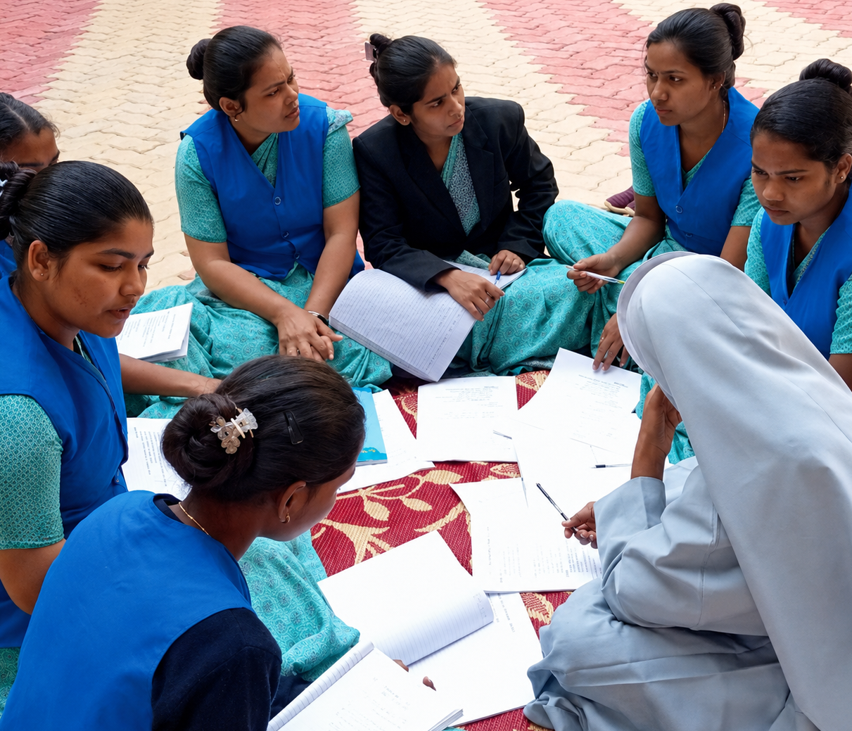 Trainees studying together in a group under a Sister's guidance